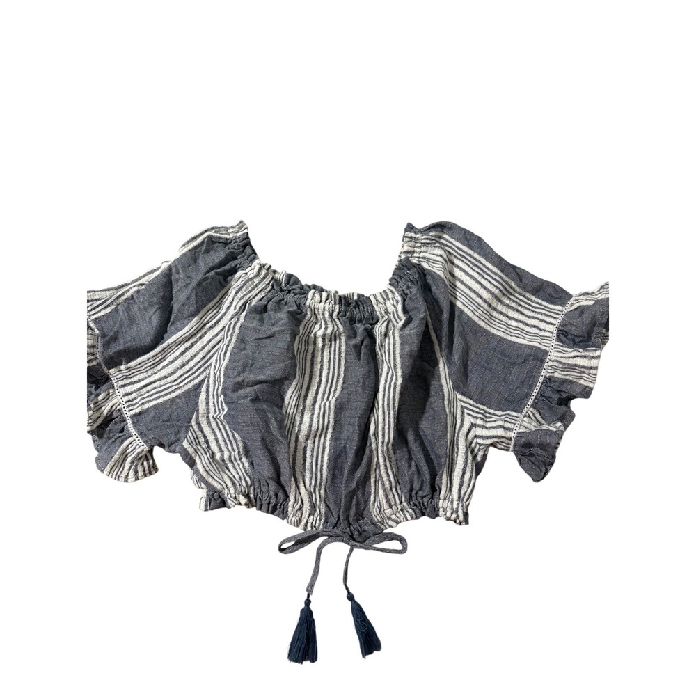 Surf Gypsy Blue Striped Off Shoulder Crop Top Tassel Tie‎ Flutter Sleeve Small